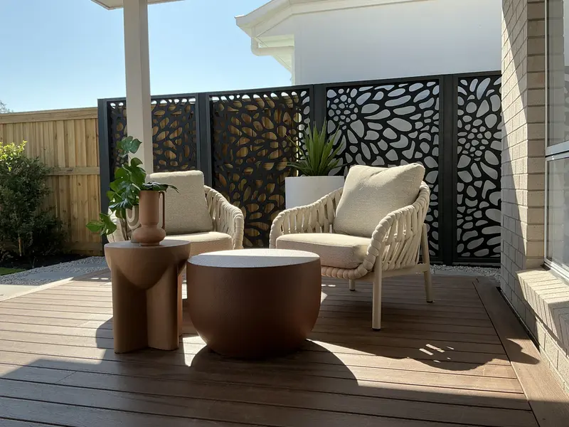 Quality finished outdoor deck area in new construction home