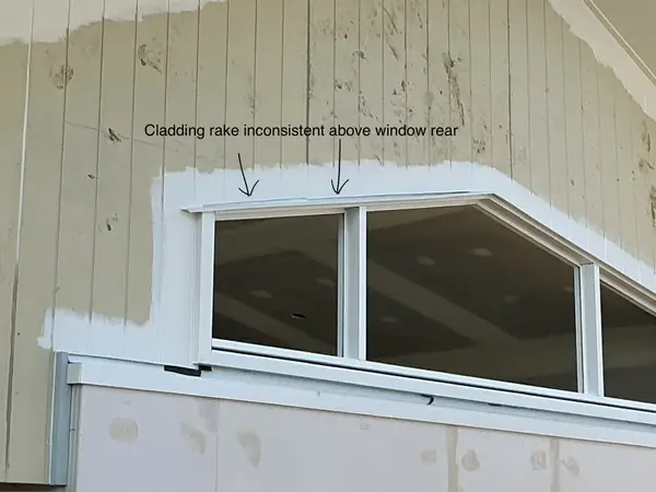Cladding rake inconsistent — defect found during enclosed/waterproofing inspection in Brisbane