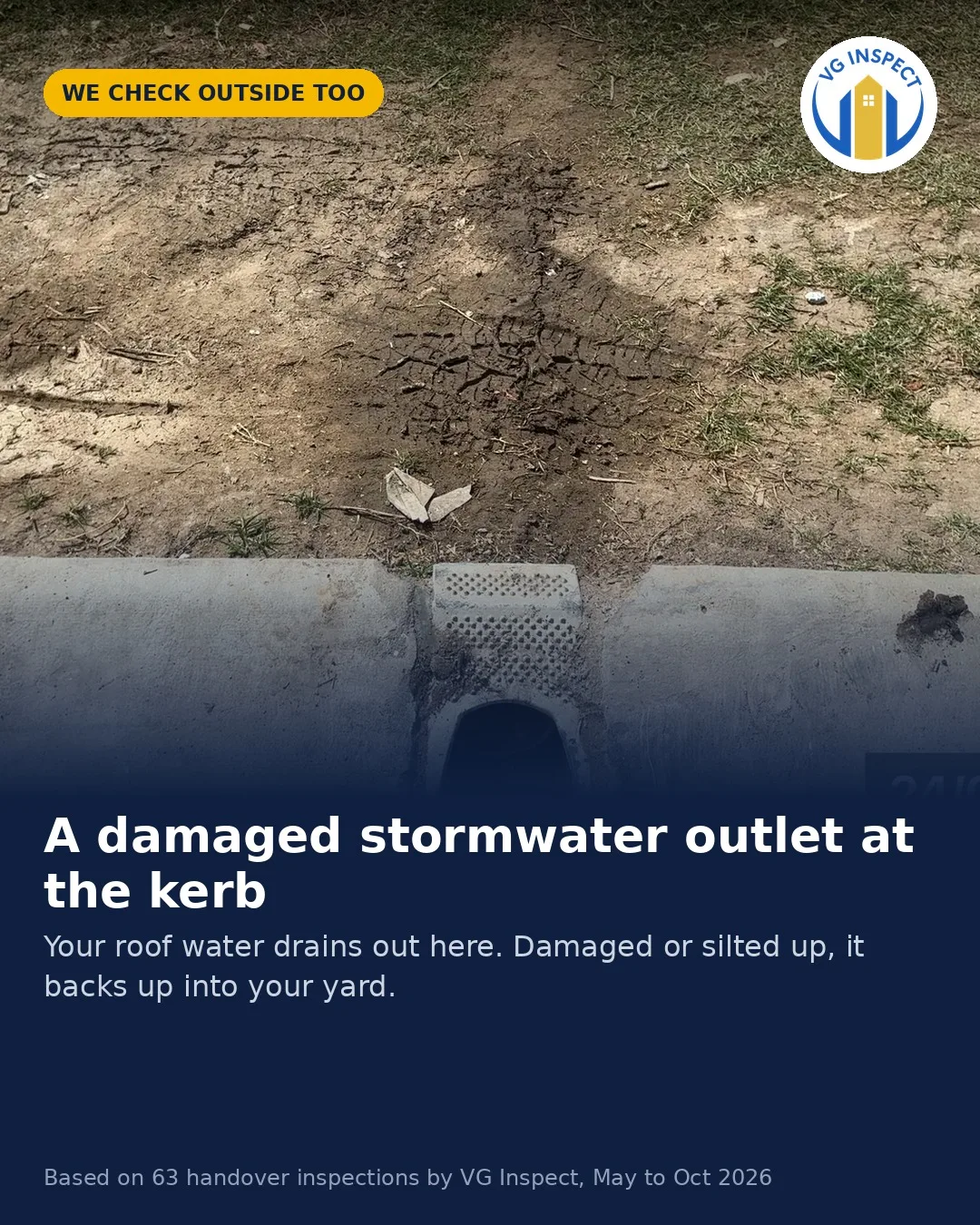Damaged stormwater outlet at the kerb — social post