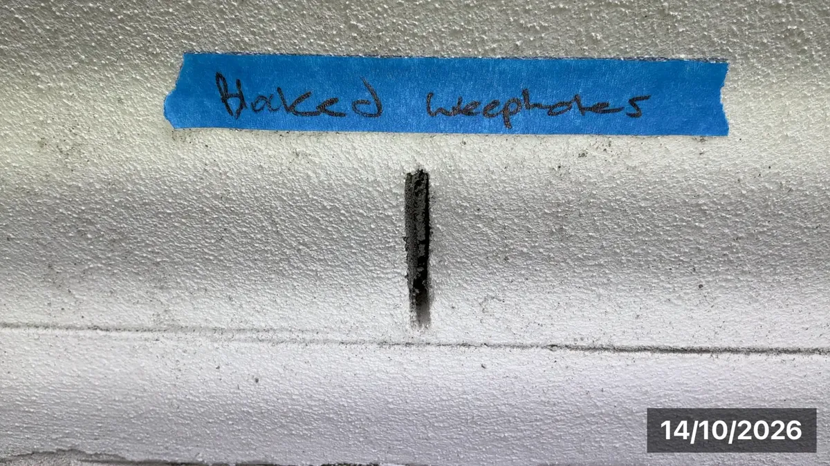 Blocked weep holes in brick and rendered walls